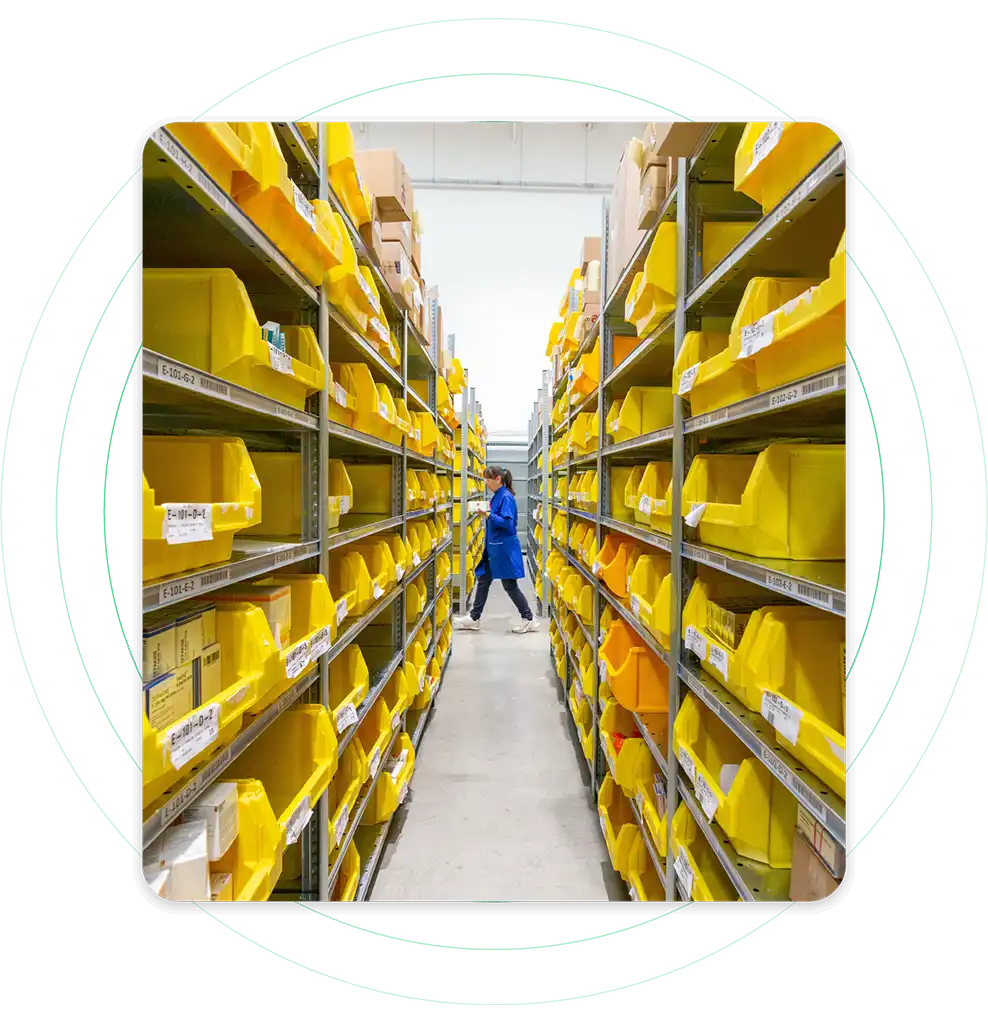 trays of products for sorting inside a warehouse