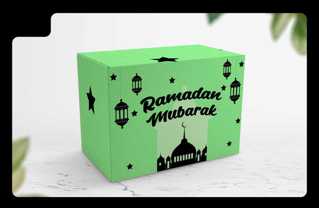 E-commerce fulfillment package with 'Ramadan Mubarak' wishes printed on the box for Ramadan sales in middle east.