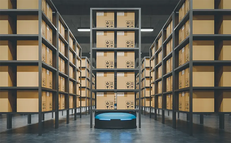 robot carrying boxes inside an automated warehouse