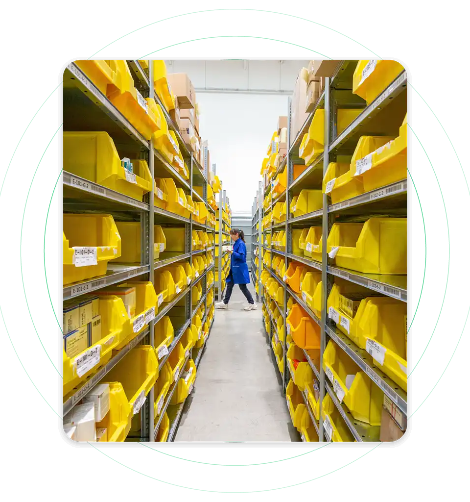 trays of products for sorting inside a warehouse