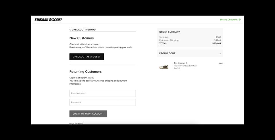 Checkout page offering a guest checkout option to complete purchase without creating an account, aiming to reduce cart abandonment rate and simplify the buying process.
