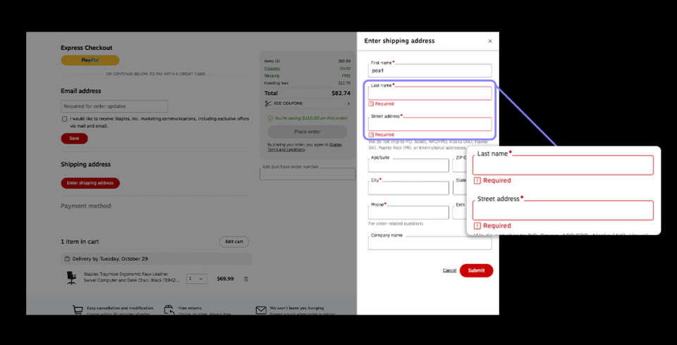 Checkout page with guest checkout and auto-fill options to avoid higher cart abandonment rate, providing a faster and more convenient purchase experience.