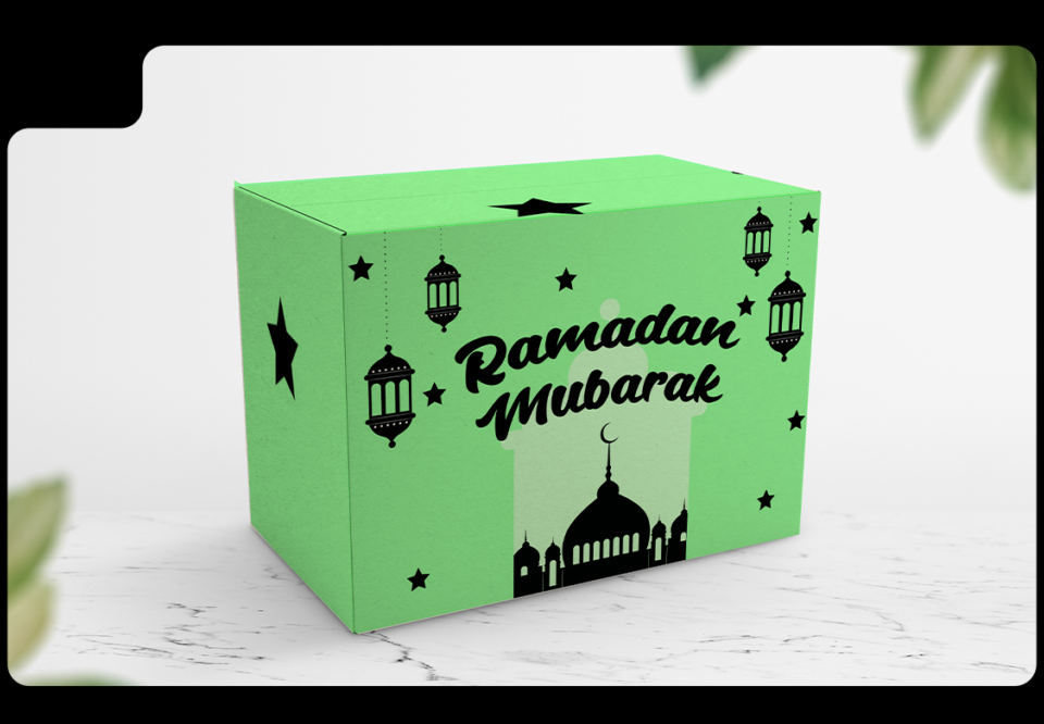 E-commerce fulfillment package with 'Ramadan Mubarak' wishes printed on the box for Ramadan sales in middle east.