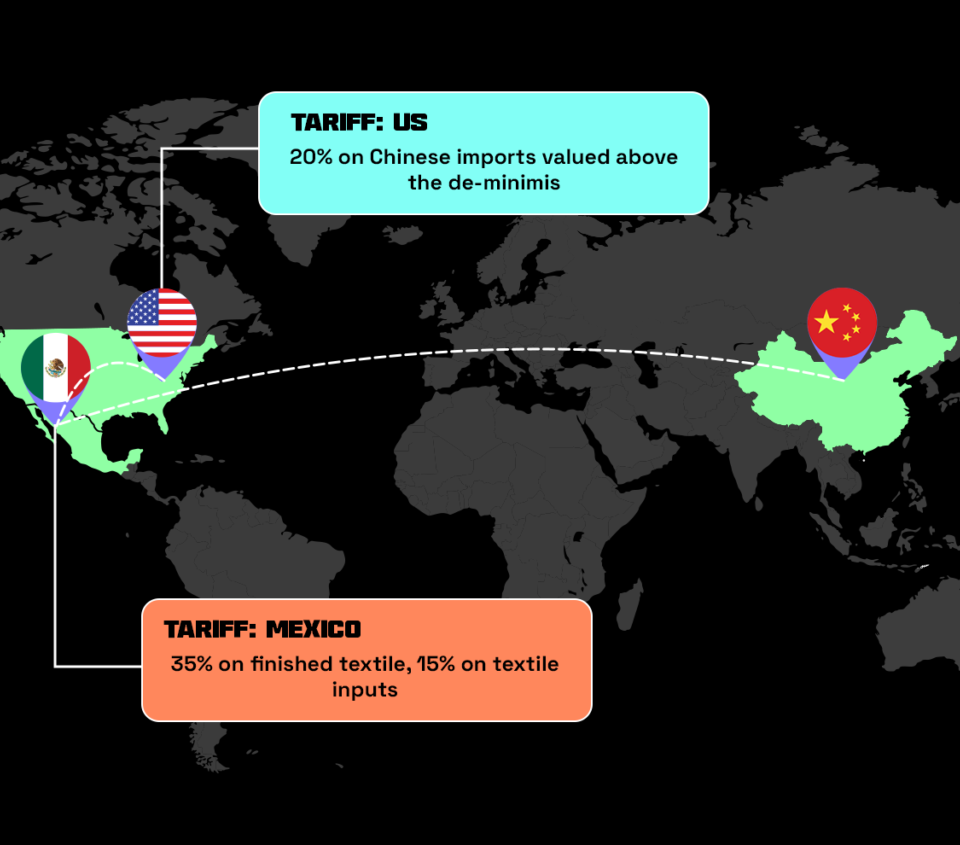 A world map displaying the 321 fulfillment route along with the new revised tariffs