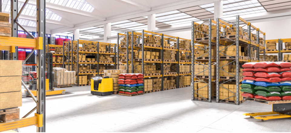 A warehouse space filled with cartons